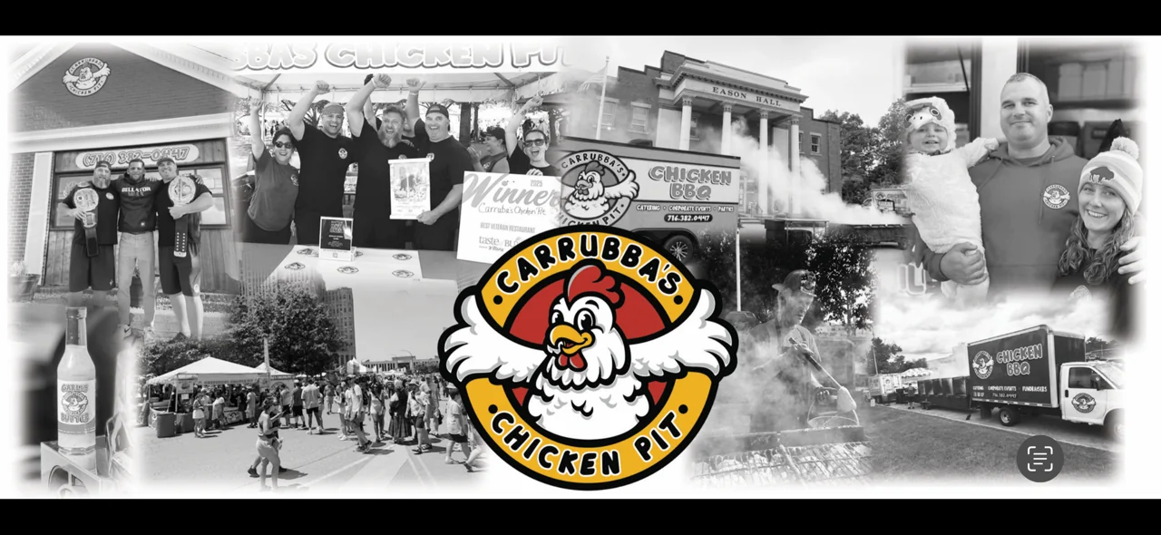 Carrubba's Chicken Pit team celebrating their 2025 Taste of Buffalo Best Veteran Restaurant award, alongside photos of the storefront, food truck and community events